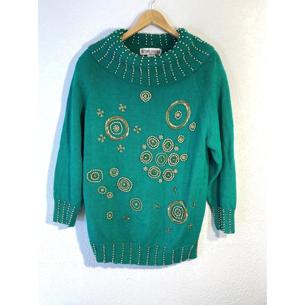 Vintage 80's Beaded Victoria Harbour Tunic Cowl Neck Sweater Green Womens Size L